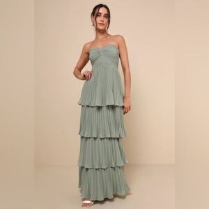 Lulu's Seriously Sensational Sage Brush Strapless Tiered Maxi Dress